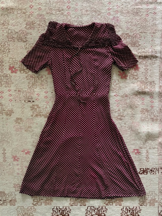 Vintage Dresses & Skirts - 1940s Vintage Polka Dot Sailor Collar Midi Dress in Burgundy and White